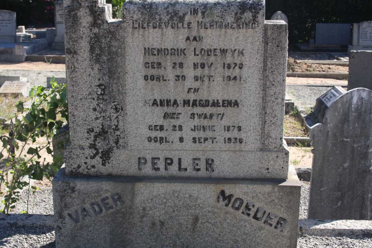 PEPLER Hendrik Lodewyk 1870-1941 &amp; Hanna Magdalena SWART 1878-1930