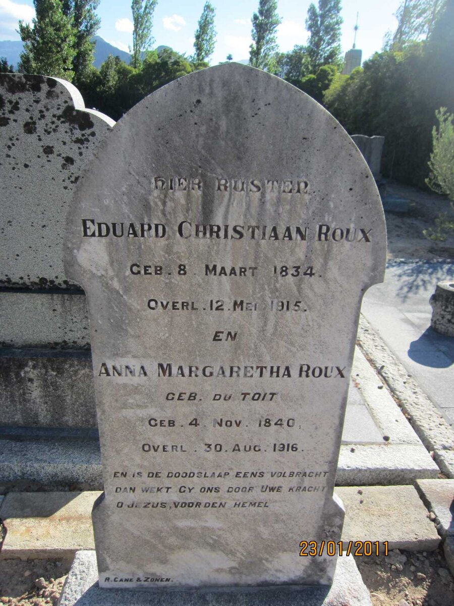 ROUX Eduard Christiaan 1834-1915 &amp; Anna Margaretha DU TOIT 1840-1916