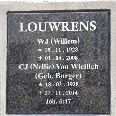 LOUWRENS W.J. 1928-2008 &amp; C.J. Von Wiellich nee BURGER 1928-2014