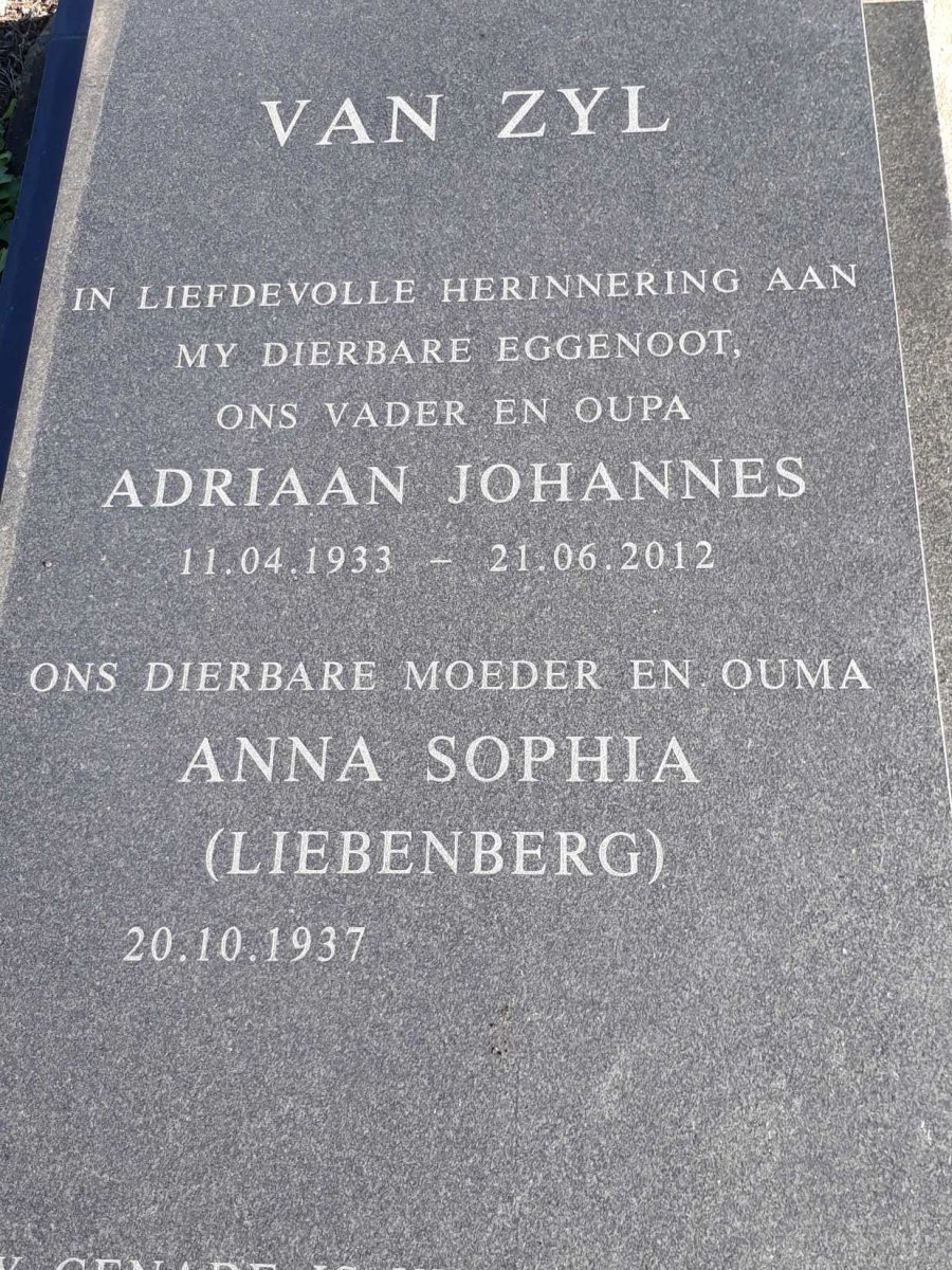 ZYL Adriaan Johannes, van 1933-2012 &amp; Anna Sophia LIEBENBERG 1937-