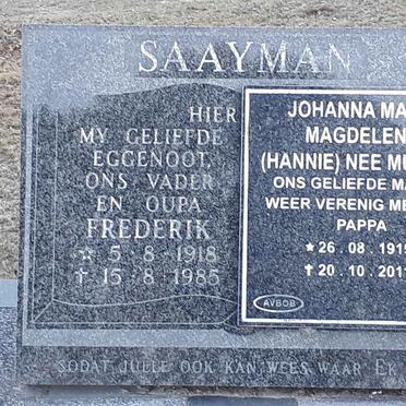 SAAYMAN Frederik 1918-1985 &amp; Johanna Maria Magdelena MULLER 1919-2011