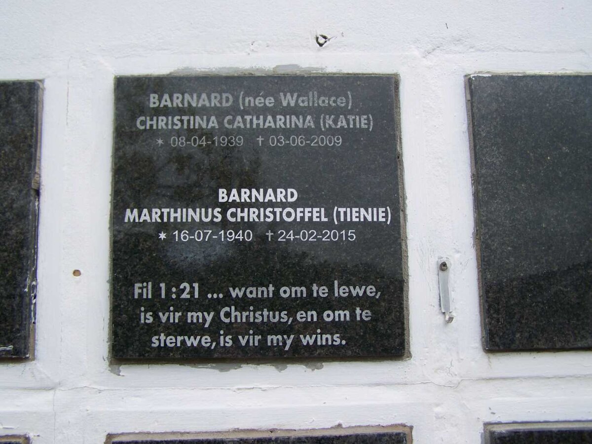BARNARD Marthinus Christoffel 1940-2015 &amp; Christina Catharina WALLACE 1939-2009