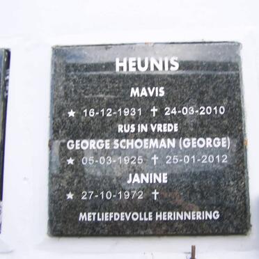 HEUNIS George Schoeman 1925-2012 &amp; Mavis 1931-2010 :: HEUNIS Janine 1972-
