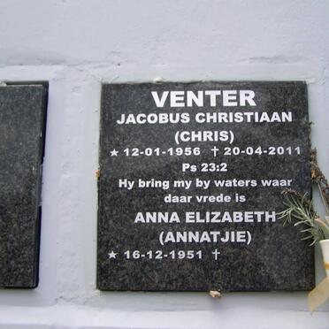 VENTER Jacobus Christiaan 1956-2011 &amp; Anna Elizabeth 1951-