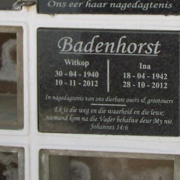 BADENHORST Witkop 1940-2012 &amp; Ina 1942-2012