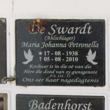 SWARDT Maria Johanna Petronella, de nee AHLSCHLAGER 1938-2010