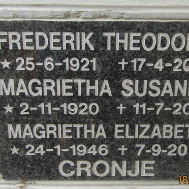 CRONJE Frederik Theodoris 1921-2000 :: CRONJE Magrietha Susanna 1920-2001 :: CRONJE Magrietha Elizabeth 1946-2014
