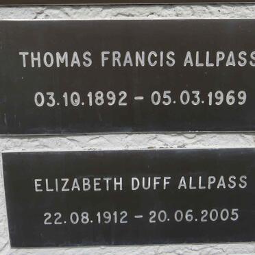 ALLPASS Thomas Francis 1892-1969 & Elizabeth Duff 1912-2005