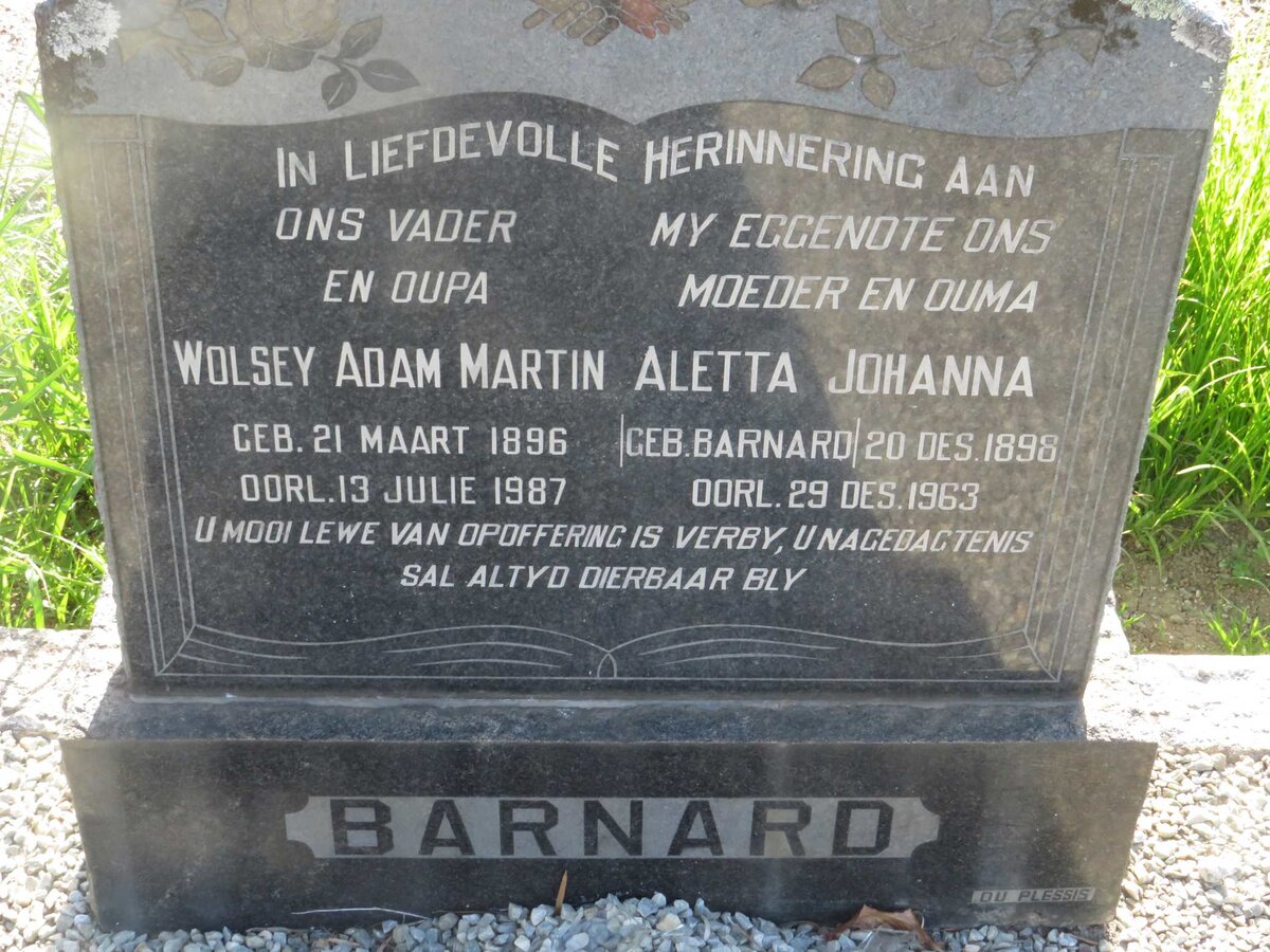 BARNARD Wolsey Adam Martin 1896-1987 & Aletta Johanna BARNARD 1898-1963