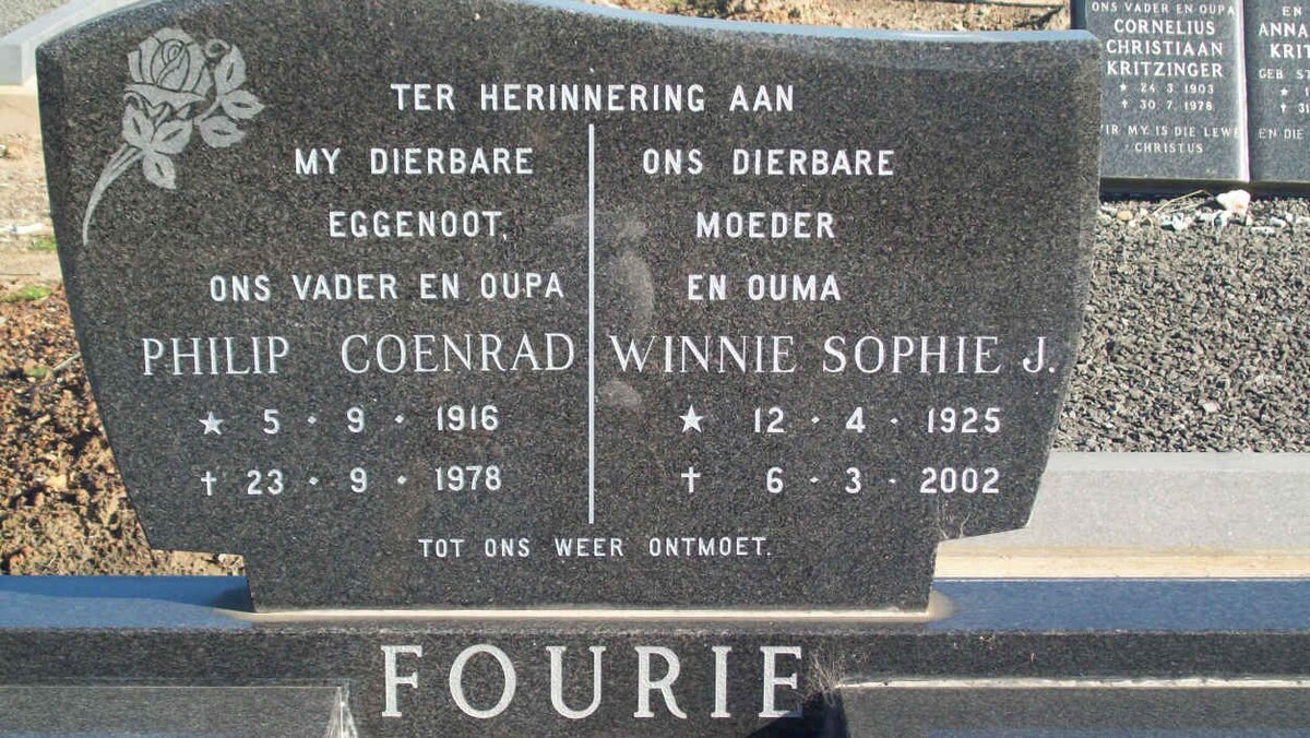 FOURIE Philip Coenrad 1916-1978 &amp; Winnie Sophie J. 1925-2002