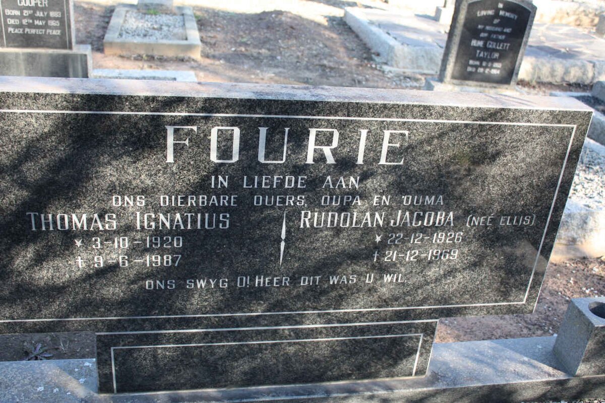 FOURIE Thomas Ignatius 1920-1987 &amp; Rudolan Jacoba ELLIS 1926-1969