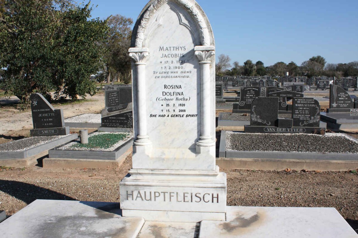 HAUPTFLEISCH Matthys Jacobus 1921-1980 &amp; Rosina Dolfina BOTHA 1920-2008