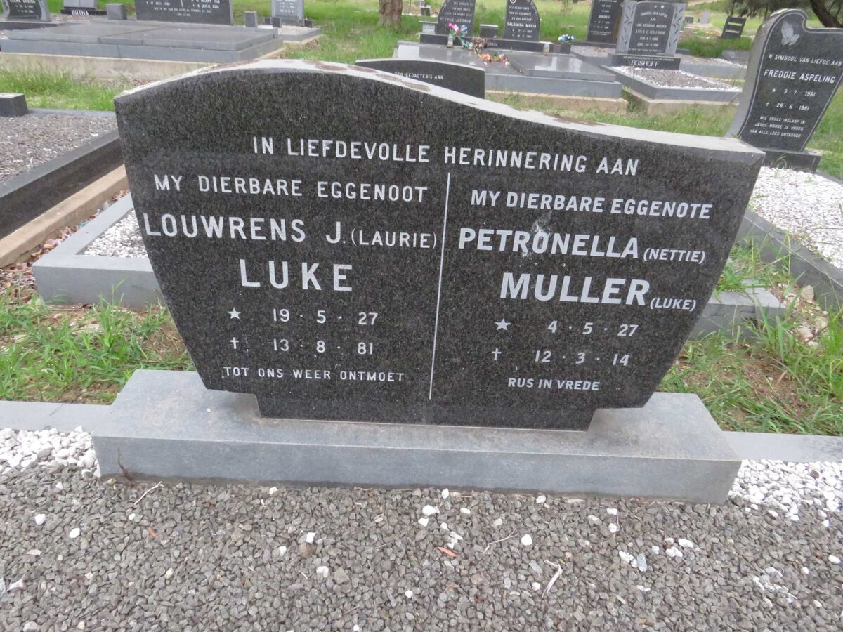 LUKE Louwrens J. 1927-1981 &amp; Petronella MULLER 1927-2014