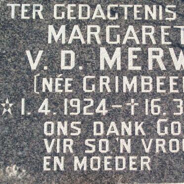 MERWE Margaret, V.D. nee GRIMBEEK 1924-1995