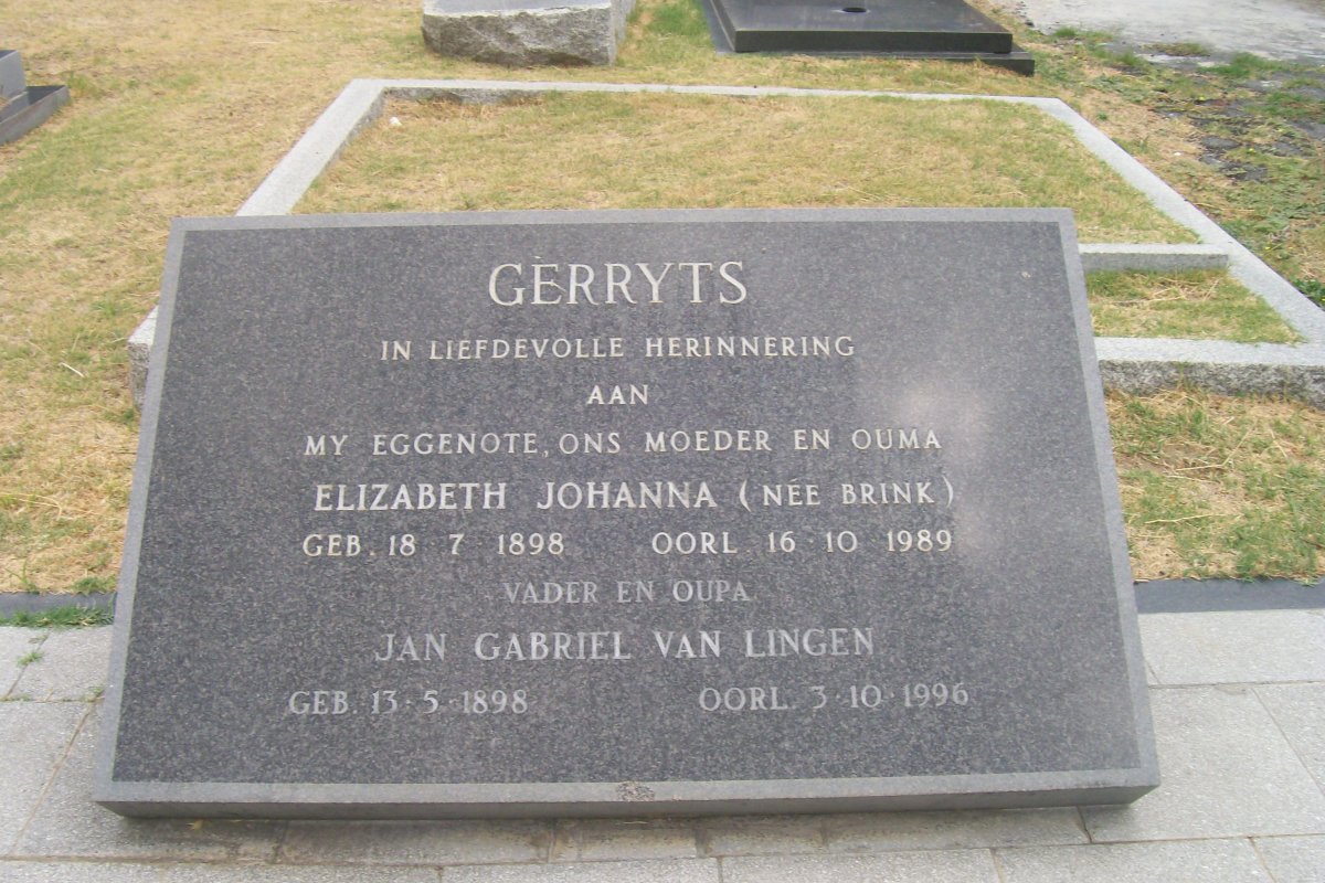 GERRYTS Jan Gabriel van Lingen 1898-1996 &amp; Elizabeth Johanna nee BRINK 1898-1989