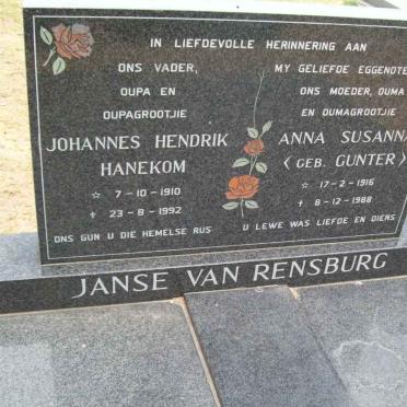 RENSBURG Johannes Hendrik Hanekom, Janse van 1910-1992 &amp; Anna Susanna GUNTER 1916-1988