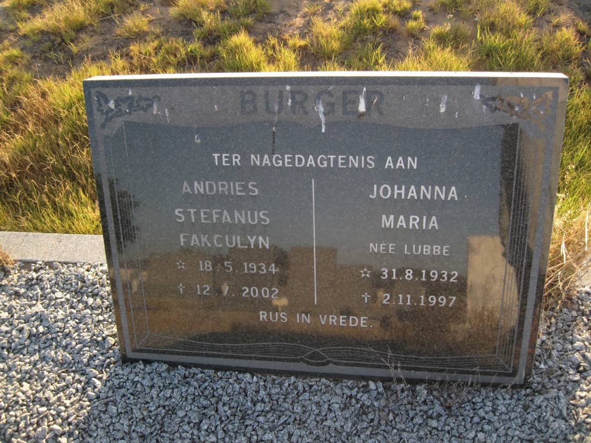 BURGER Andries Stefanus Fakculyn 1934-2002 &amp; Johanna Maria LUBBE 1932-1997