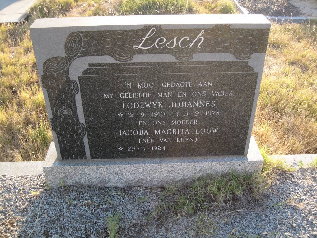 LESCH Lodewyk Johannes 1910-1978 &amp; Jacoba Magrita Louw VAN RHYN 1924-