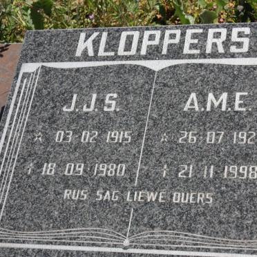 KLOPPERS J.J.S. 1915-1980 &amp; A.M.E. 1925-1998