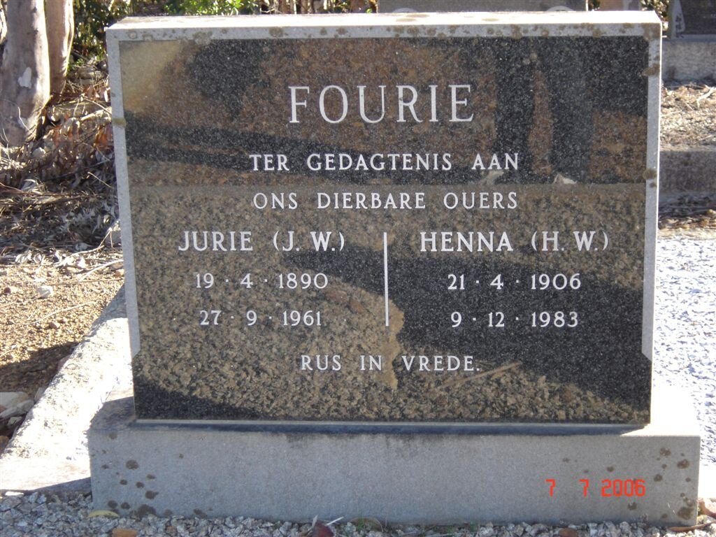 FOURIE Jurie W. 1890-1961 &amp; Henna W. 1906-1983