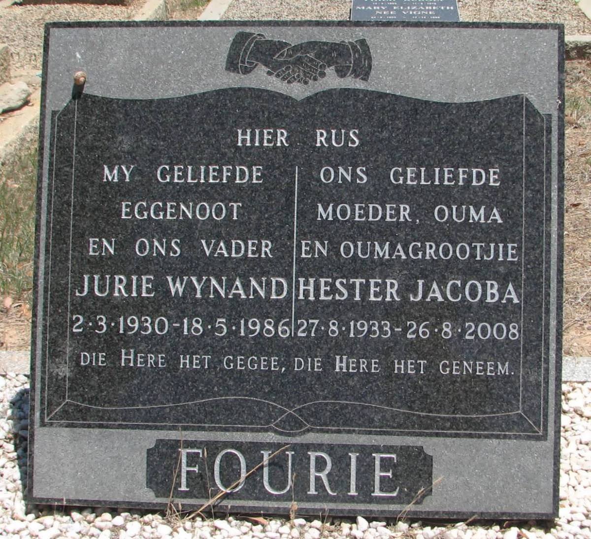 FOURIE Jurie Wynand 1930-1986 &amp; Hester Jacoba 1933-2008
