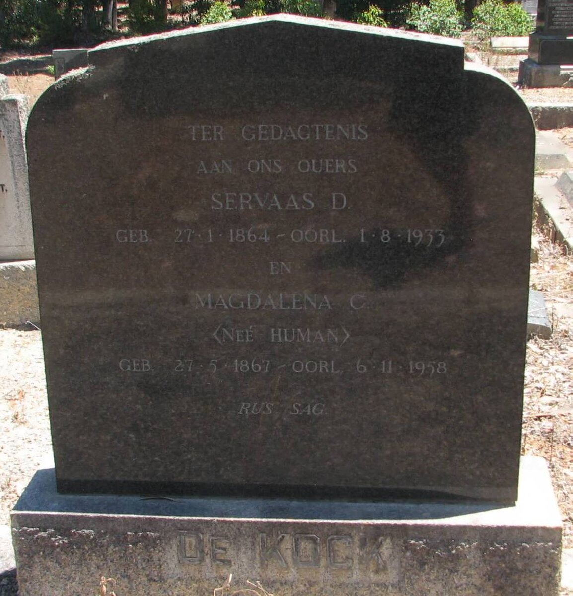 KOCK Servaas D., de 1864-1933 &amp; Magdalena C. HUMAN 1867-1958