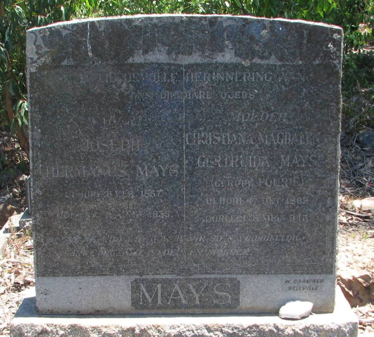 MAYS Joseph Hermanus 1857-1935 &amp; Christiana Magdalena Gertruida FOURIE 1862-1943
