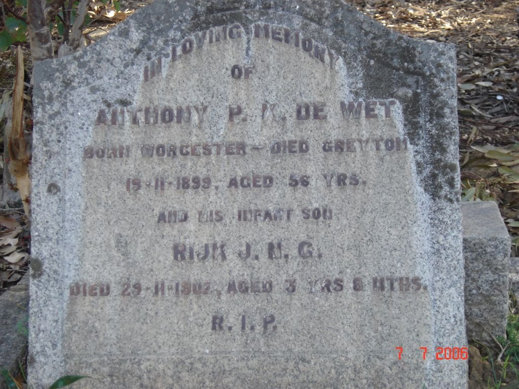 WET Anthony P.K., de -1899, DE WET Rijk J.M.G. -1902