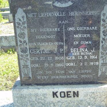 KOEN Gertjie J.P. 1908-1966 &amp; Delina J. BOTHA 1914-1979