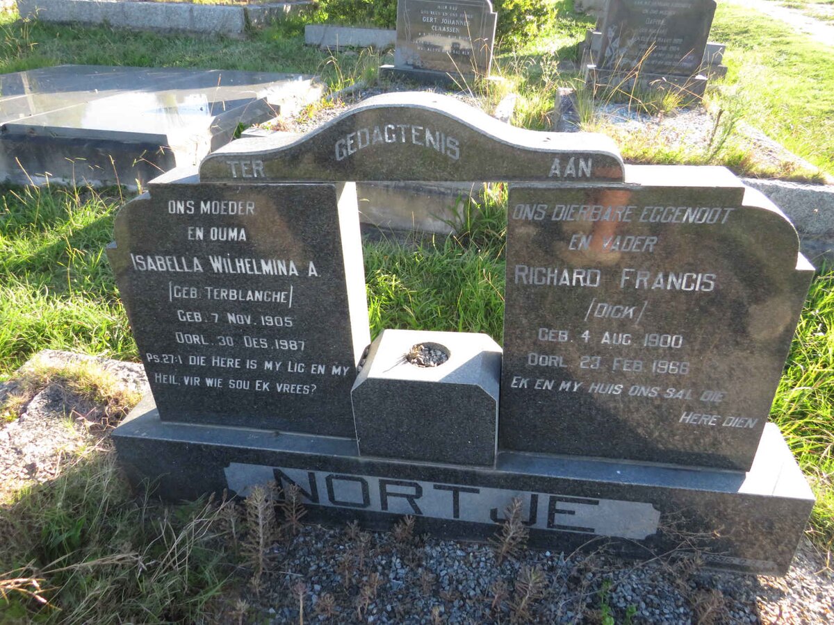 NORTJE Richard Francis 1900-1966 &amp; Isabella Wilhelmina A. TERBLANCHE 1905-1987