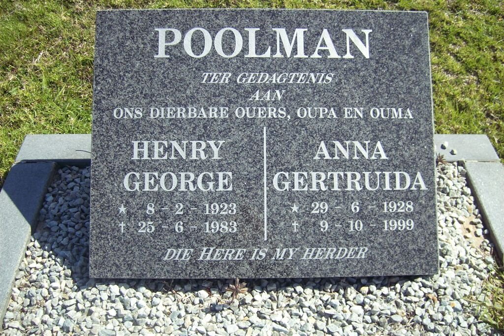 POOLMAN Henry George 1923-1988 &amp; Anna Gertruida 1928-1999