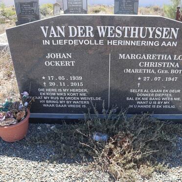 WESTHUYSEN Johan Ockert, van der 1939-2015 &amp; Margaretha Louisa Christina BOTHA 1947-