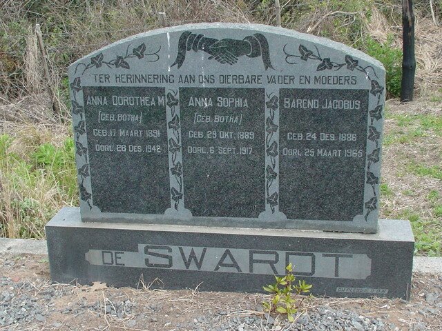 SWARDT Barend Jacobus, de 1886-1965 &amp; Anna Sophia BOTHA 1889-1917 &amp; Anna Dorothea M. BOTHA 1891-1942