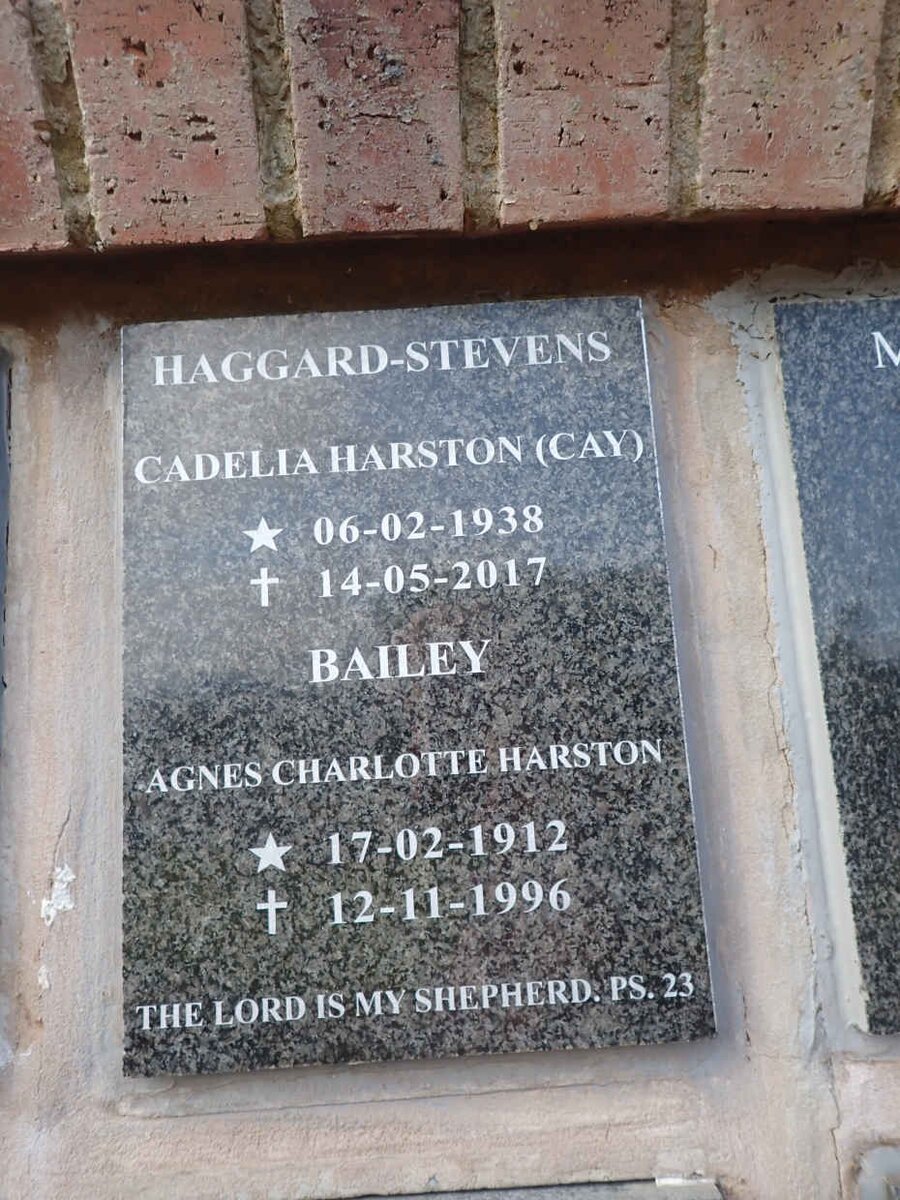 BAILEY Agnes Charlotte Harston 1912-1996 :: HAGGARD-STEVENS Cadelia Harston nee BAILEY 1938-2017 