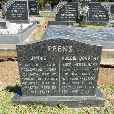 PEENS Jannie 1929-1995 &amp; Dulcie Dorothy HERSELMAN 1934-1993