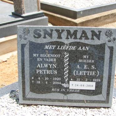 SNYMAN Alwyn Petrus 1920-2004 &amp; A.E.S. 1928-2010