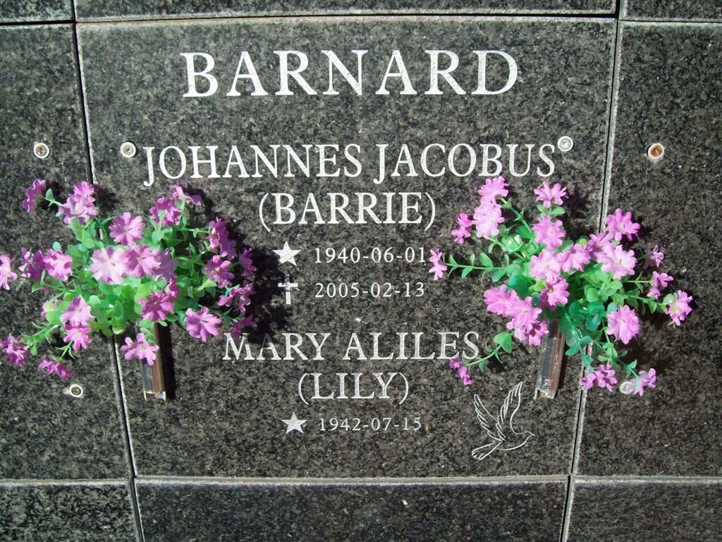 BARNARD Johannes Jacobus 1940-2005 &amp; Mary Aliles 1942-
