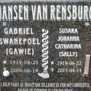 RENSBURG Gabriel Swanepoel, van 1919-2009 &amp; Susara Johanna Catharina 1919-2015