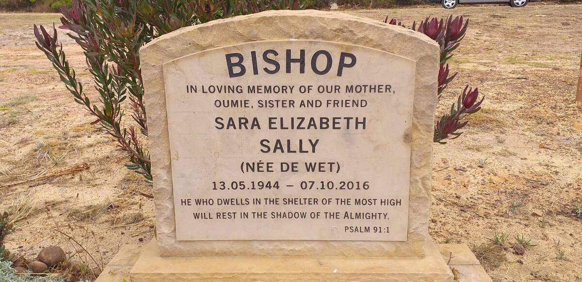 BISHOP Sara Elizabeth Sally nee DE WET 1944-2016