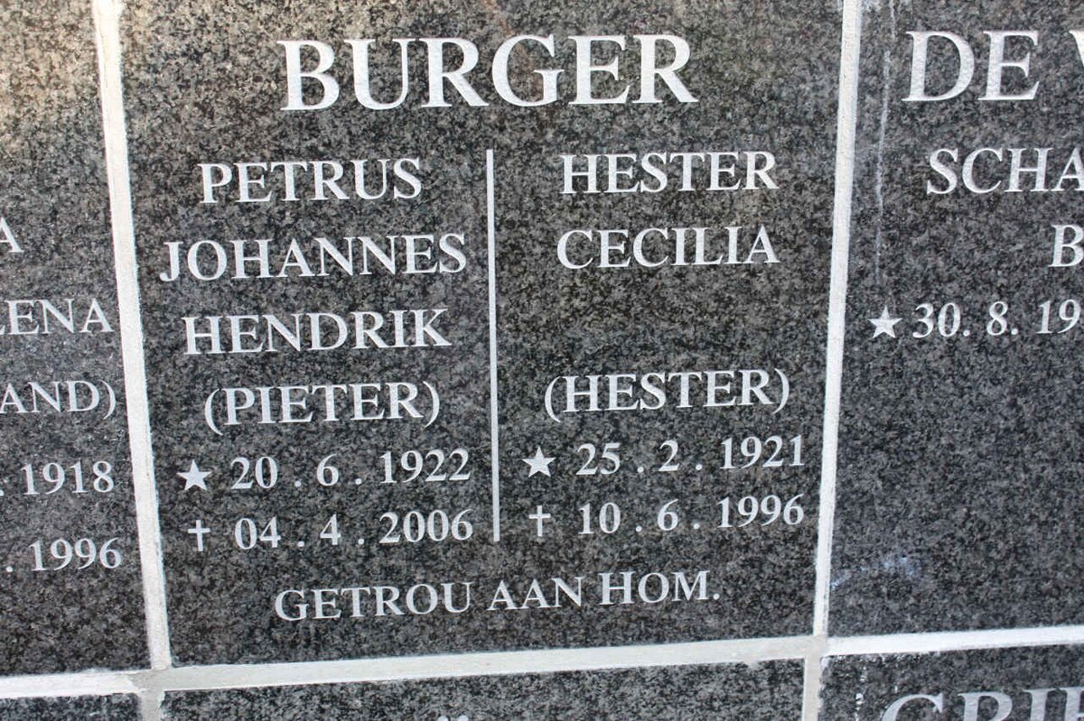BURGER Petrus Johannes Hendrik 1922-2006 &amp; Hester Cecilia 1921-1996