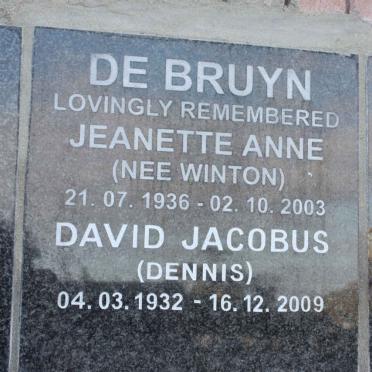 BRUYN David Jacobus, de 1932-2009 &amp; Jeanette Anne WINTON 1936-2003
