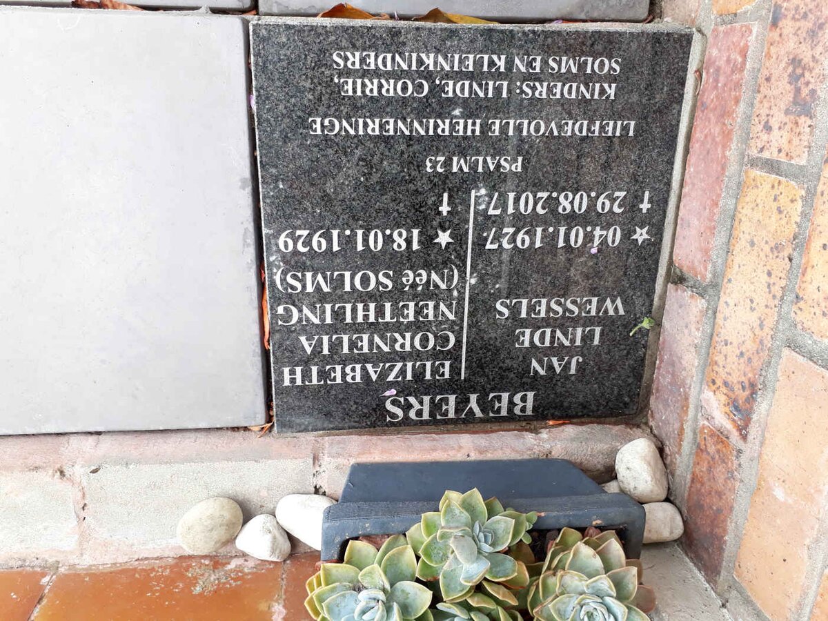 BEYERS Jan Linde Wessels 1927-2017 &amp; Elizabeth Cornelia Neethling SOLMS 1929-