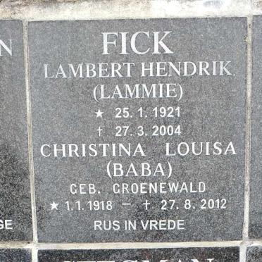 FICK Lambert Hendrik 1921-2004 &amp; Christina Louisa GROENEWALD 1918-2012