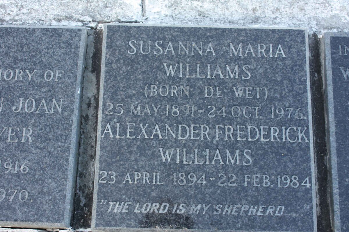 WILLIAMS Alexander Frederick 1894-1984 &amp; Susanna Maria DE WET 1891-1976