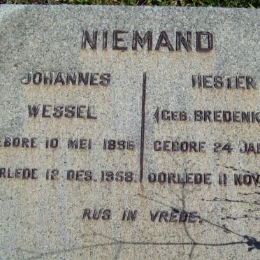 NIEMAND Johannes Wessel 1896-1958 &amp; Hester BREDENKAMP 1910-1956