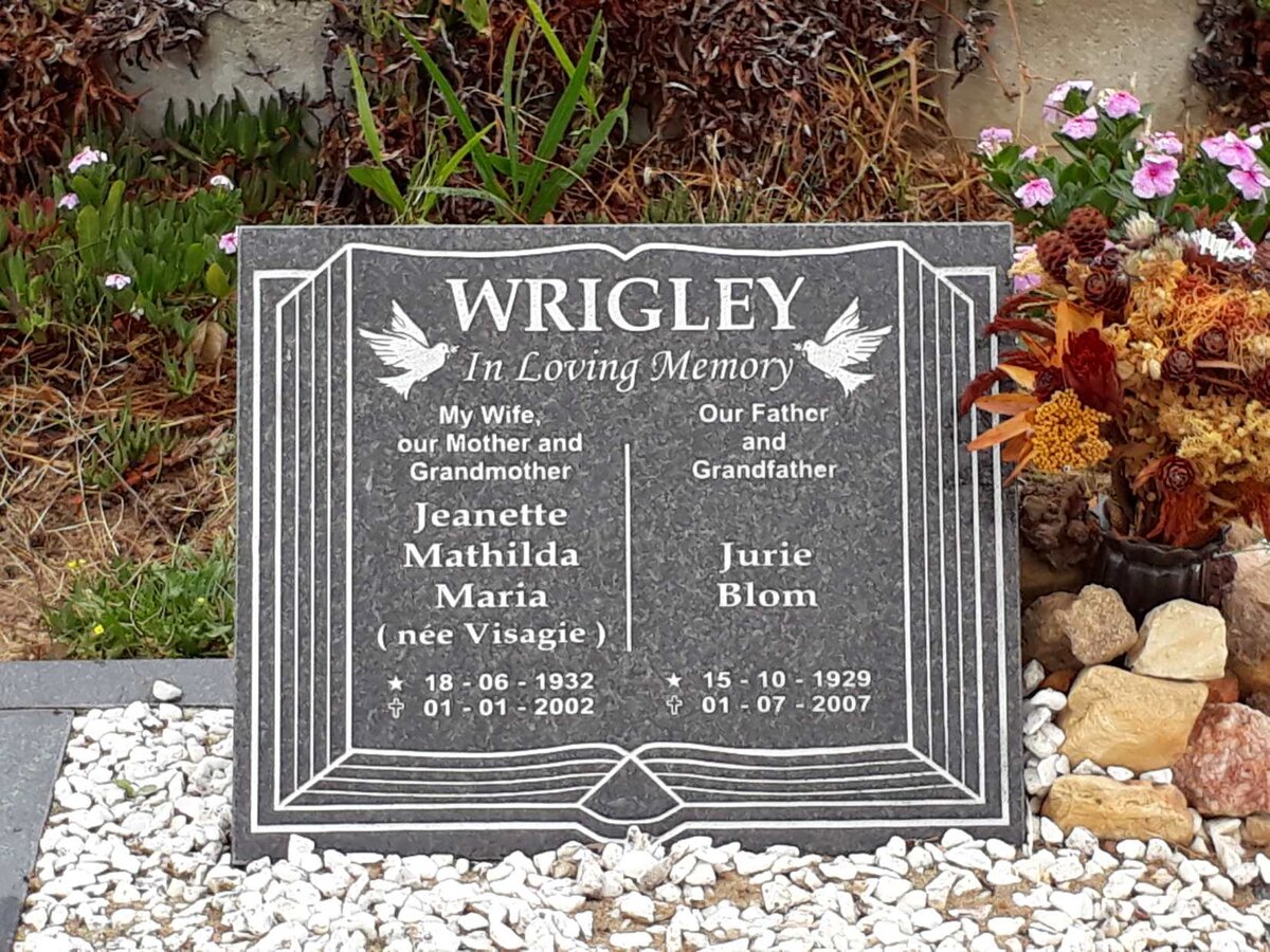 WRIGLEY Jurie Blom 1929-2007 &amp; Jeanette Mathilda Maria VISAGIE 1932-2002