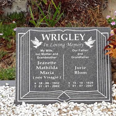 WRIGLEY Jurie Blom 1929-2007 &amp; Jeanette Mathilda Maria VISAGIE 1932-2002