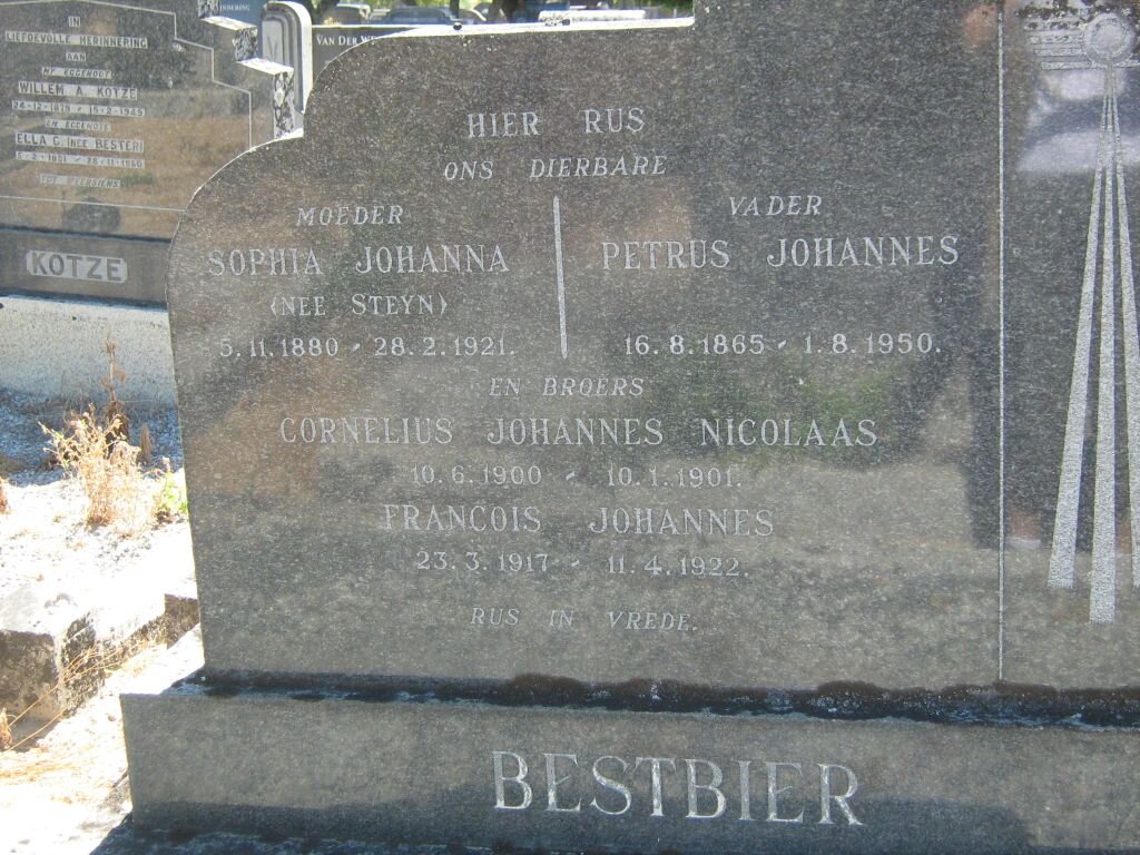 BESTBIER Petrus Johannes 1865-1950  BESTBIER Sophia Johanna STEYN 1880-1921 :: BESTBIER Cornelius Johannes Nicolaas 1900-1901 