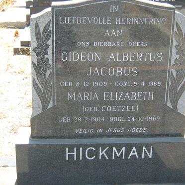 HICKMAN Gideon Albertus Jacobus 1909-1969 &amp; Maria Elizabeth COETZEE 1904-1969