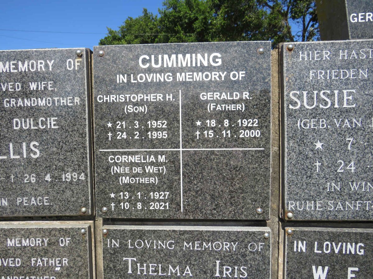 CUMMING Gerald R. 1922-2000 &amp; Cornelia M. DE WET 1927-2021 :: CUMMING Christopher H. 1952-1995